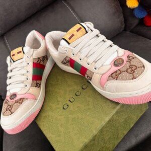 Gucci GG Crystal Screener- Pink Trim Sneakers - Size 38 + Original Receipt